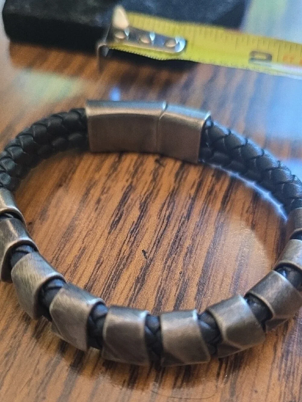 Steve Madden Braided Leather and Antiqued Metal Bead Bracelet - Black & Silver